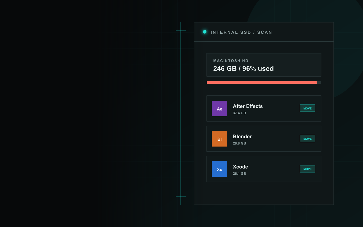 Large applications selected on a nearly full internal Mac SSD.