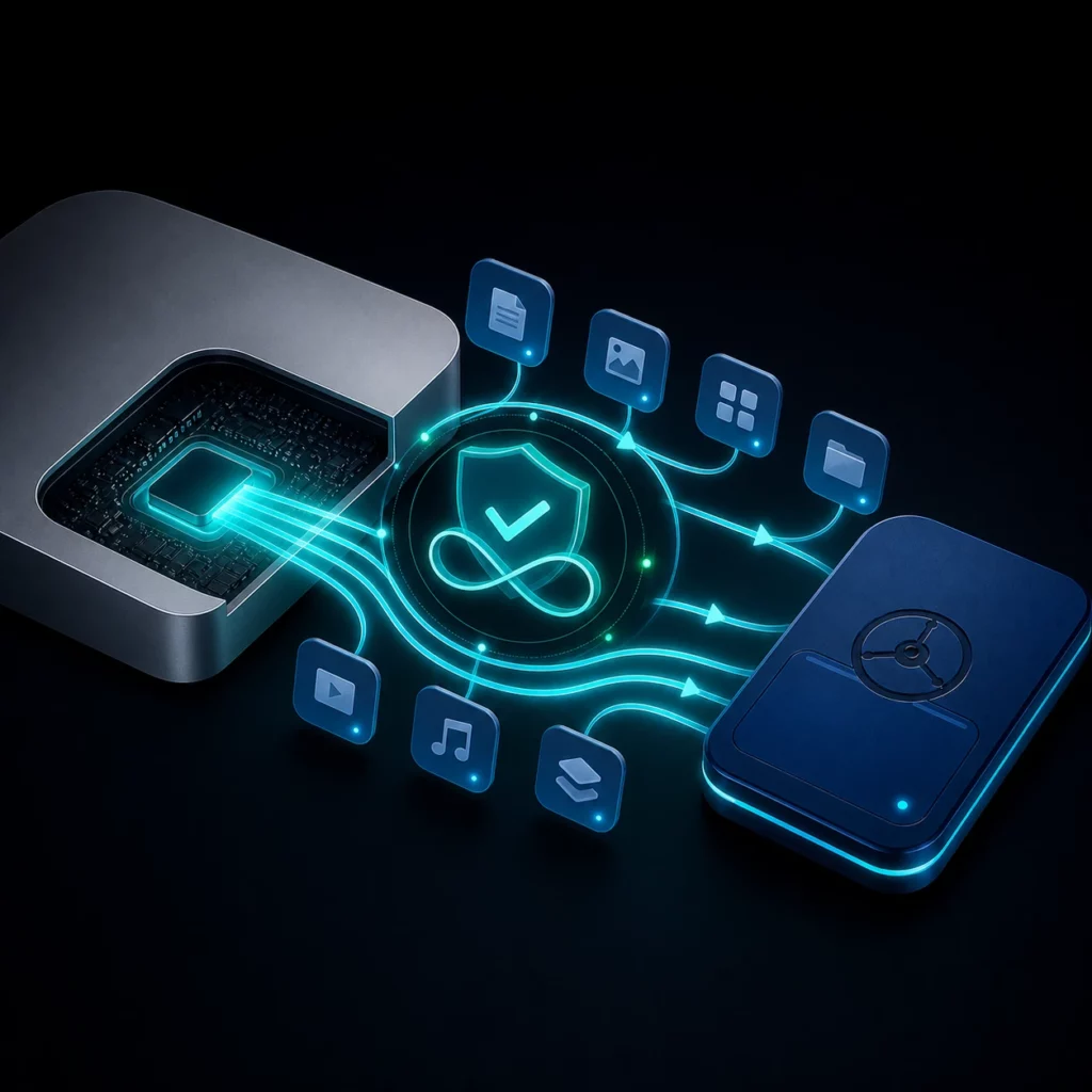 A protected complete workflow moving apps and data from internal Mac storage to an external SSD.